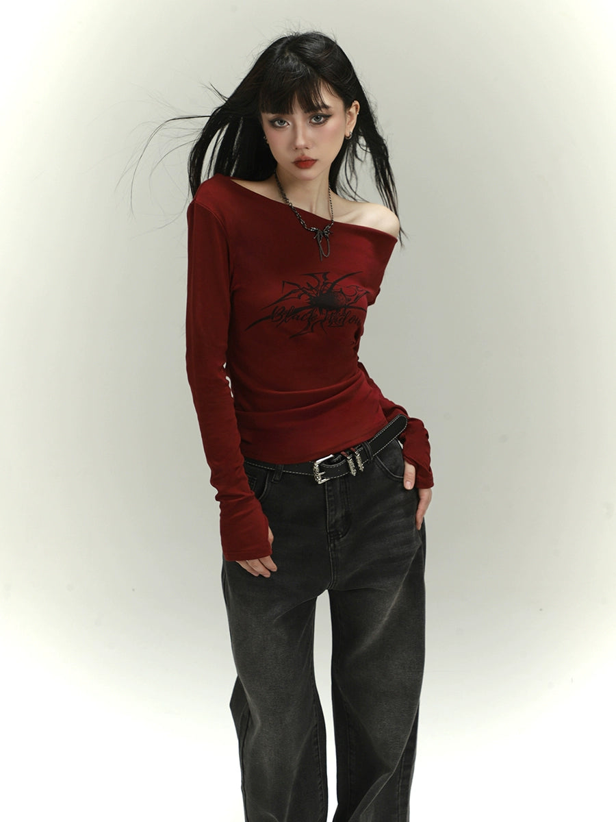 【25s Jul.】Off-Shoulder Asymmetrical Slim-Fit Base Top