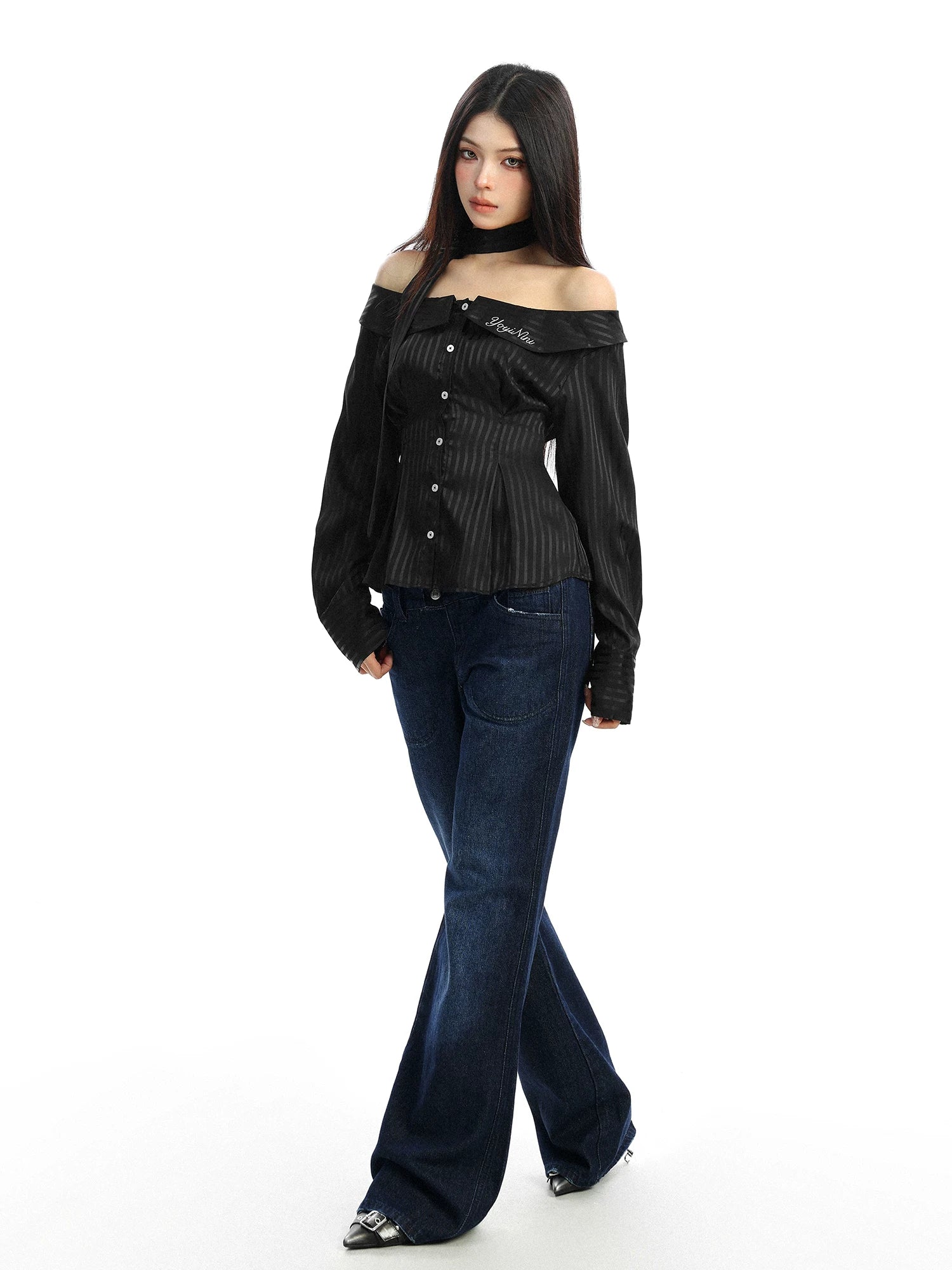 【26s Feb.】Korean Striped Off-Shoulder Waist-Fit Long-Sleeve Shirt