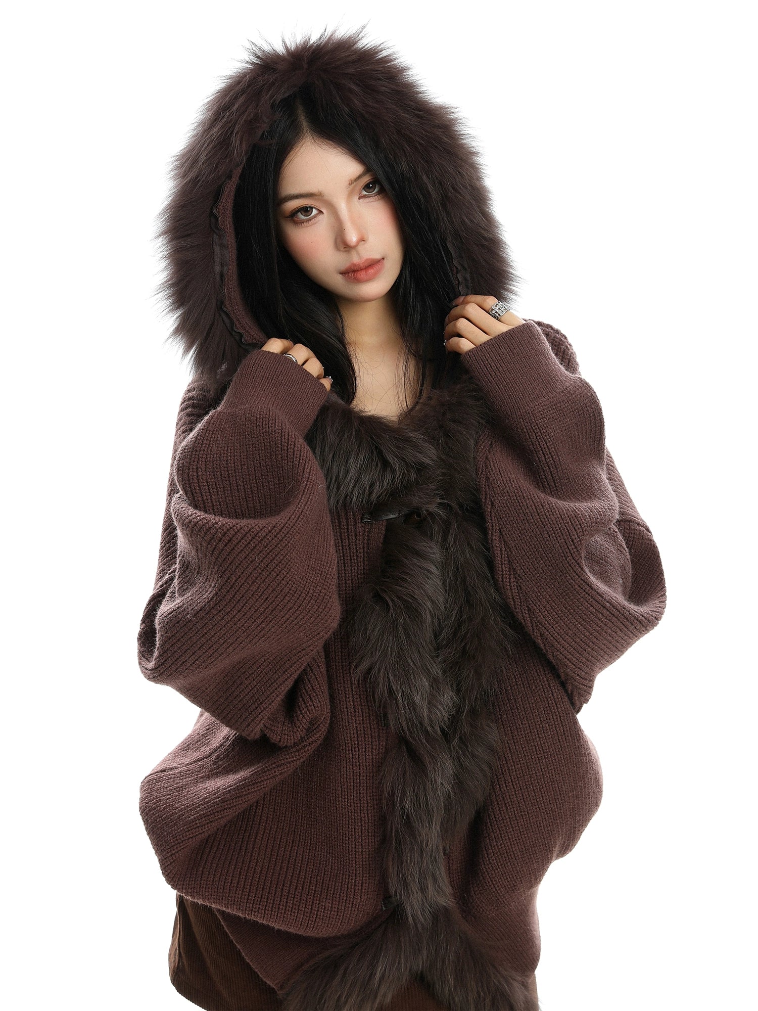 【25s Nov.】Large Fur Collar Patchwork Hooded Knit Sweater