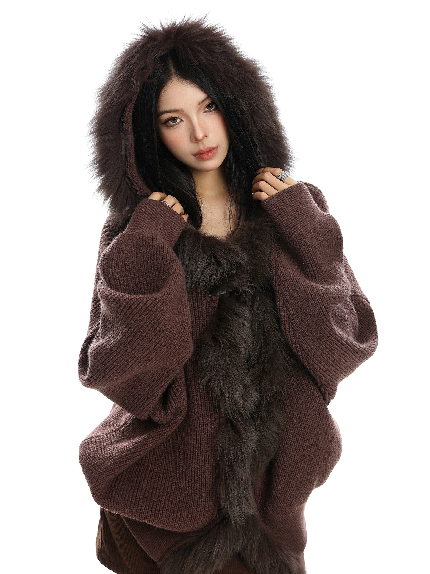 【25s Nov.】Large Fur Collar Patchwork Hooded Knit Sweater