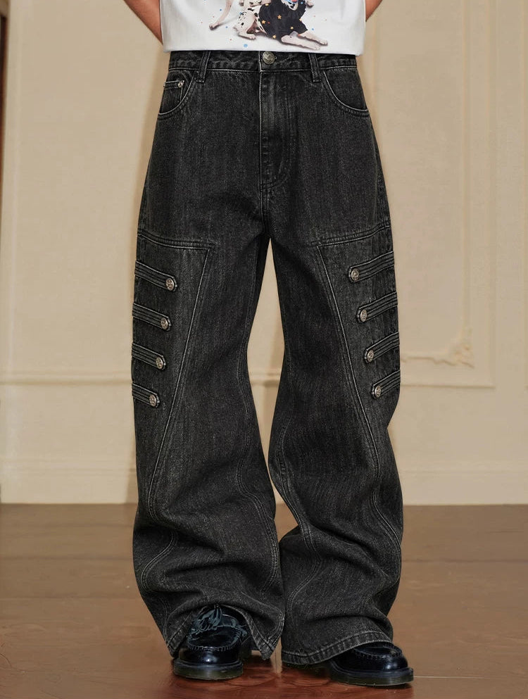 Vintage Washed Wide-Leg Cargo Jeans