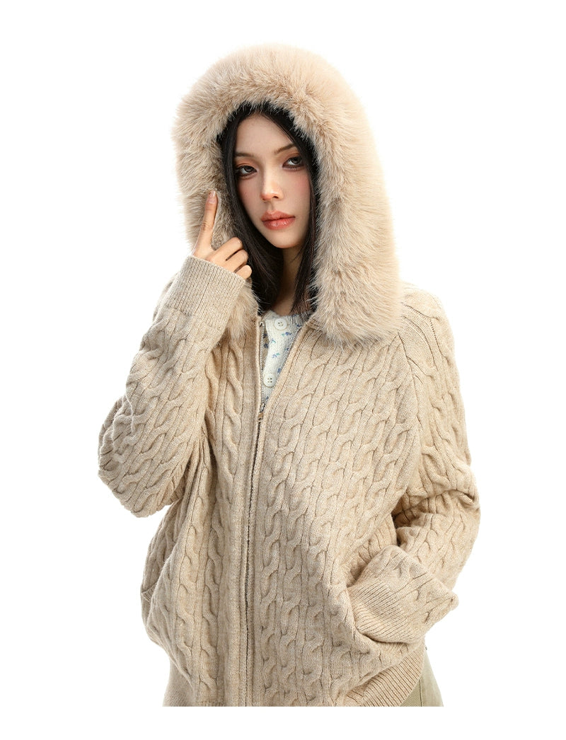 【25s Dec.】Detachable Fur Collar Cable Knit Hooded Sweater