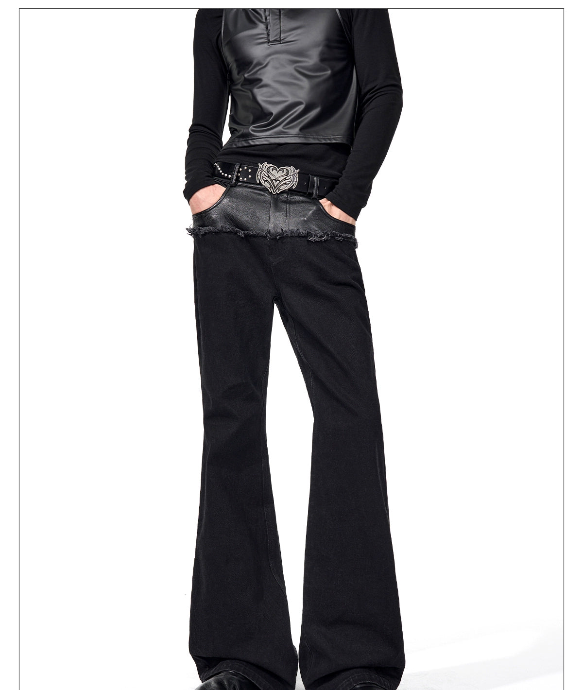 25s Sep.】High Street Paneled Leather Bootcut Jeans