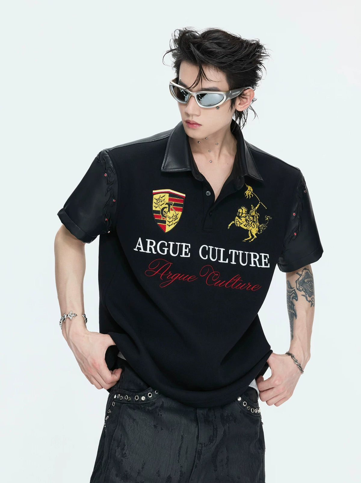 Leather Panel Studded Polo Tee
