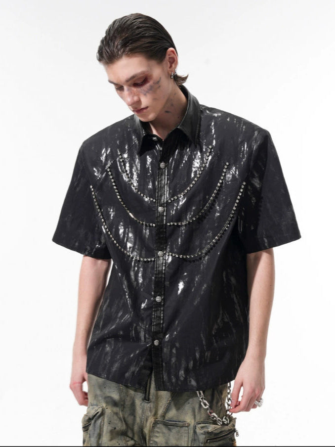 【25s May.】Metallic Coated Shoulder Pad Short Sleeve Shirt