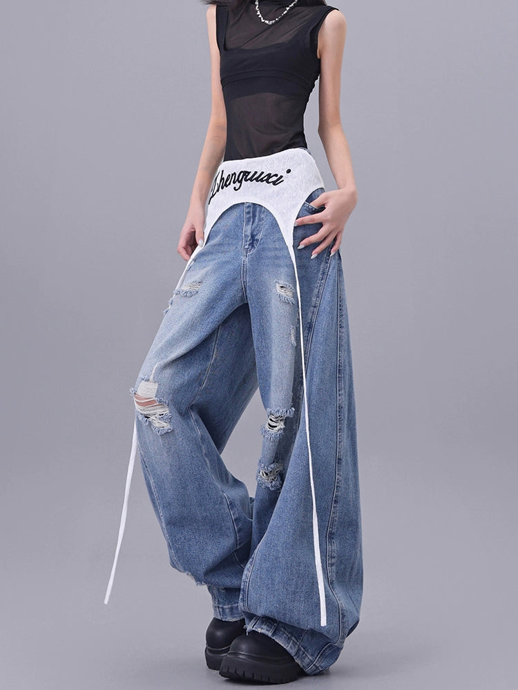 【25s Jul.】Lace Overlay Distressed Blade-Cut Wide Floor Jeans