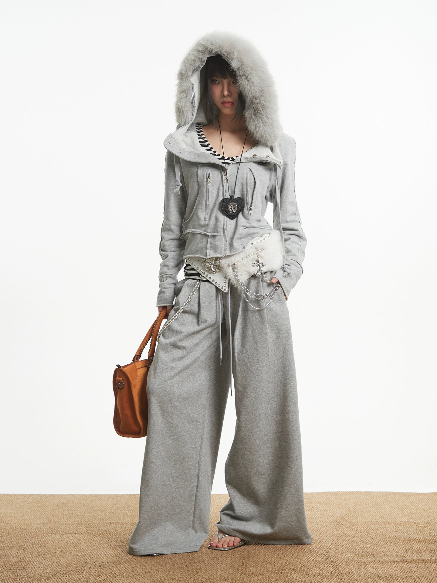 【25s Oct.】Vintage Grey Fur Collar Hooded Sweatshirt