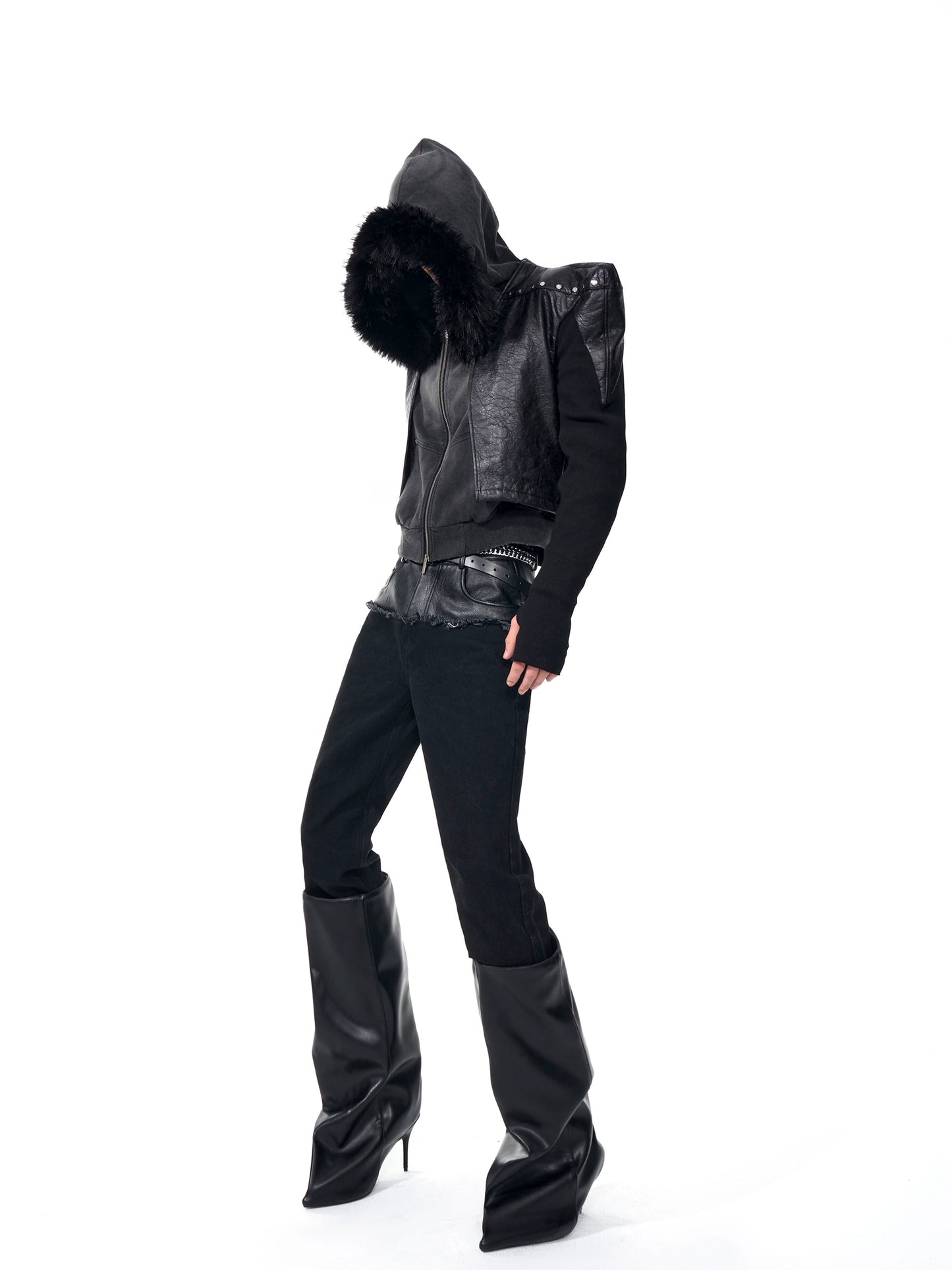 【25s Sep.】Cropped Knit-Paneled Oversized Shoulder PU Leather Jacket