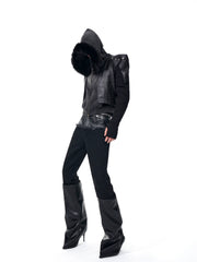 【25s Sep.】Cropped Knit-Paneled Oversized Shoulder PU Leather Jacket