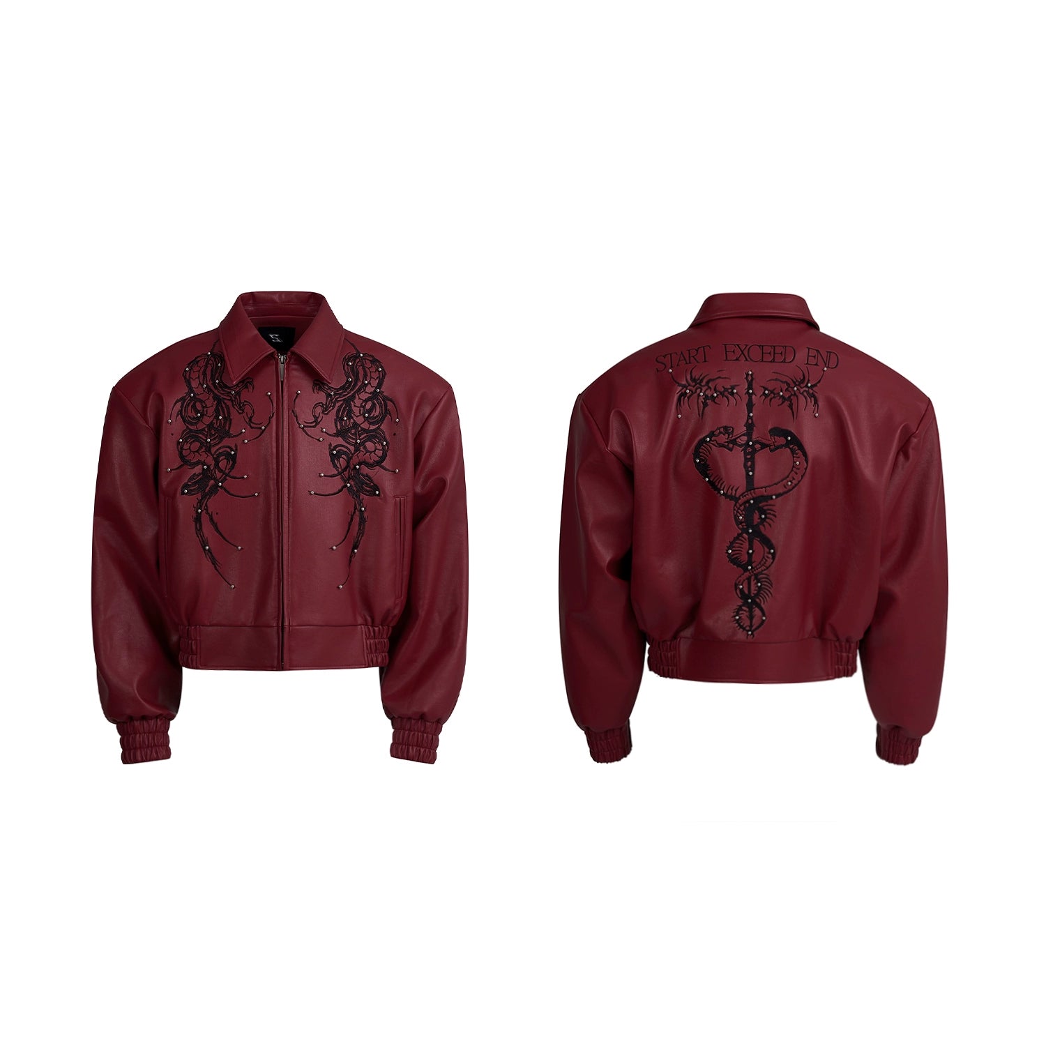 【25s Sep.】Cropped Faux Leather Jacket with Thorn Embroidery