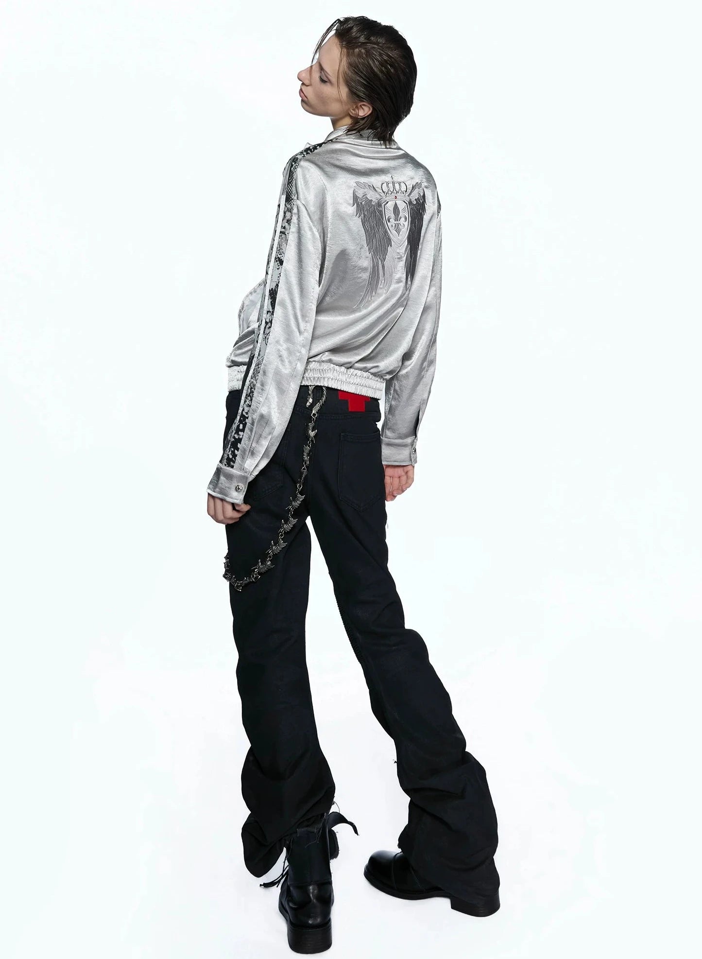 Broken Wing Satin Snake-Patterned Layered Stand Collar Jacket