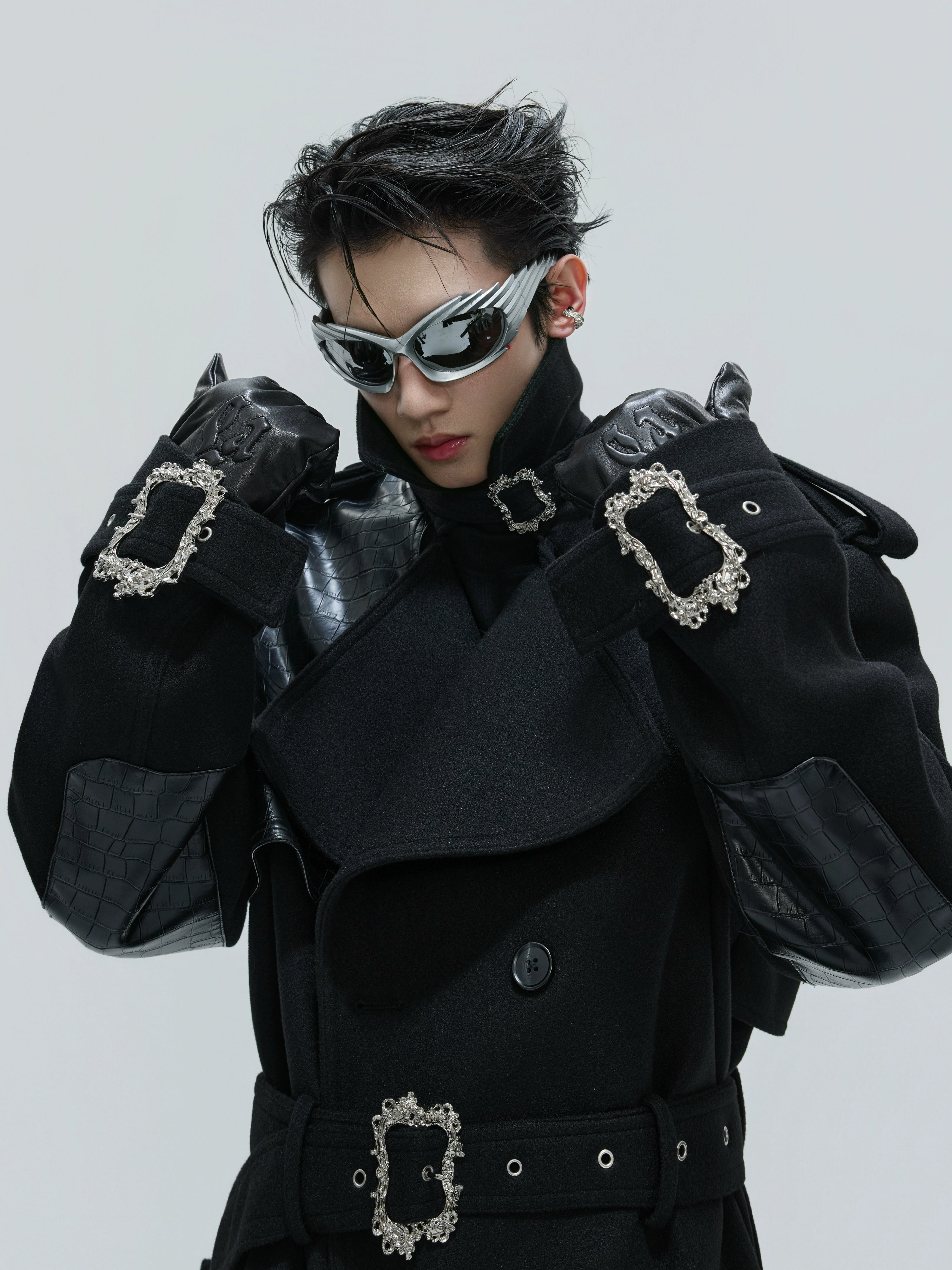 【25s Nov.】Crocodile-print Lace-up Metal Buckles Woolen Coat