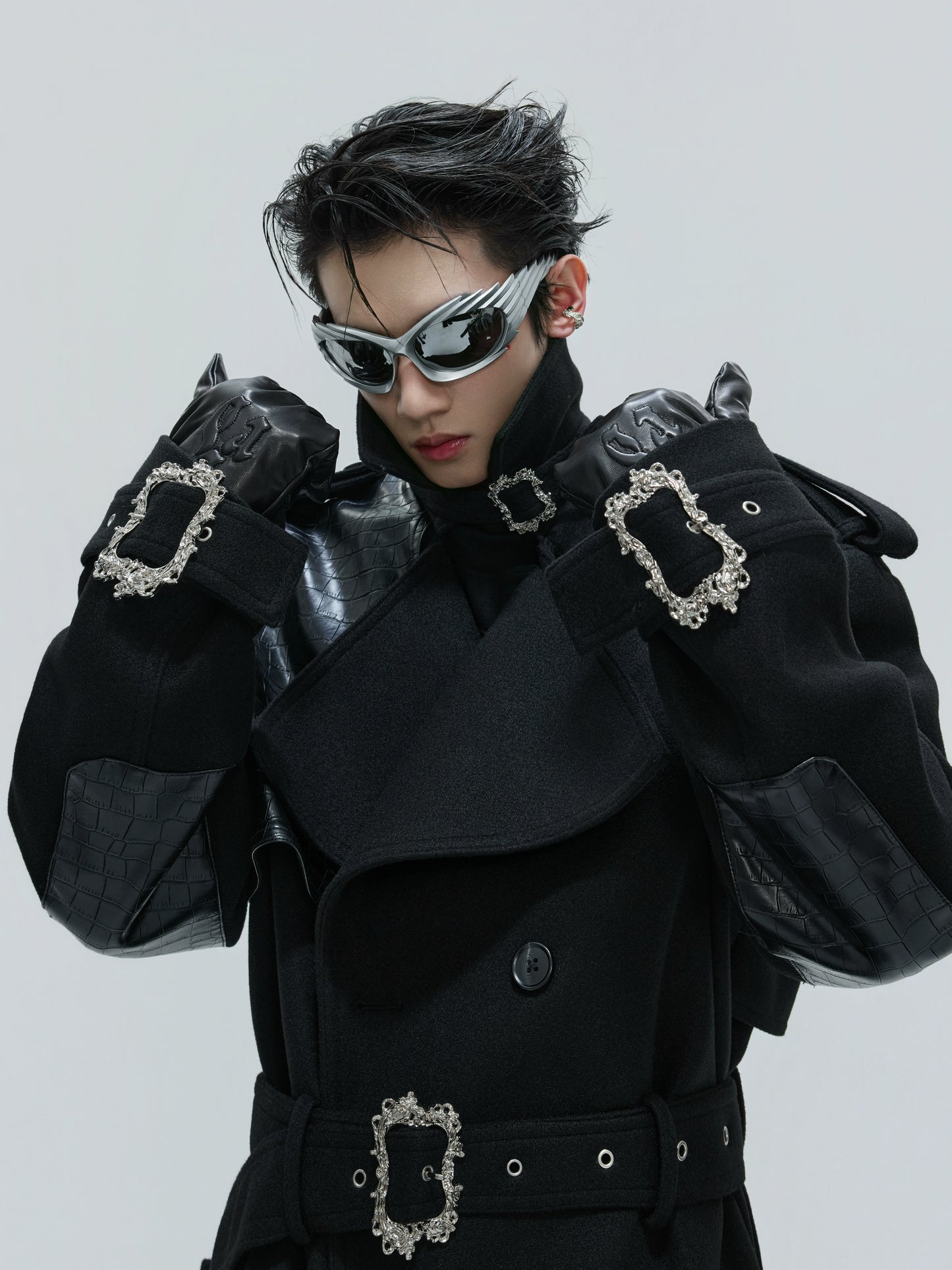 【25s Nov.】Crocodile-print Lace-up Metal Buckles Woolen Coat