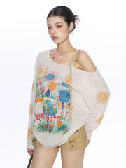 【26s May】Graffiti Sketch Asymmetric Shoulder Long Sleeve Top