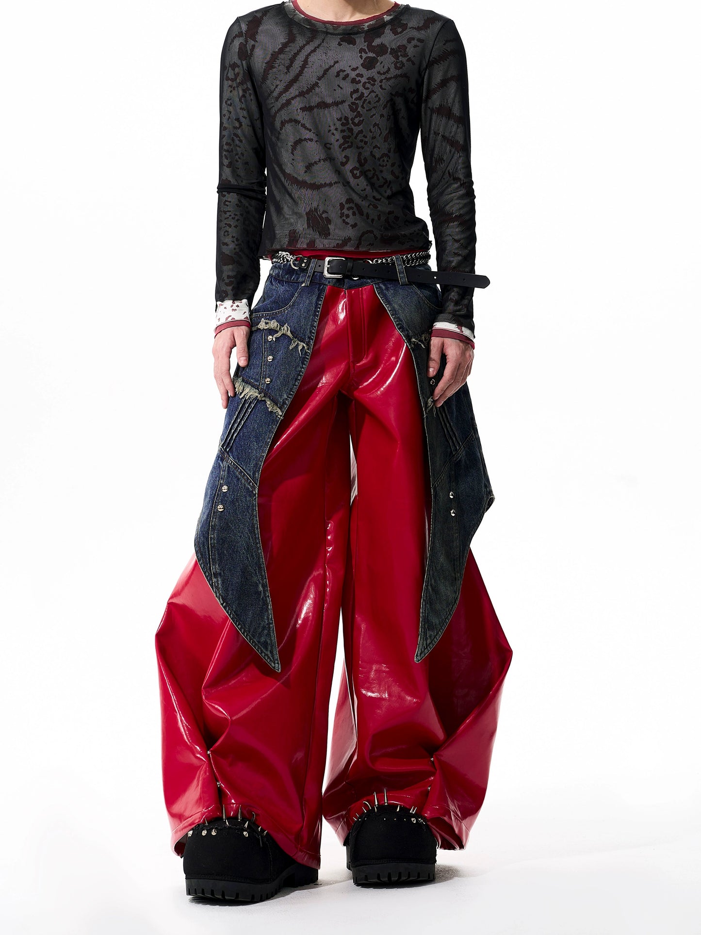 【25s Oct.】Denim Patchwork Red Leather Jacket/Double Waist Leather Pants