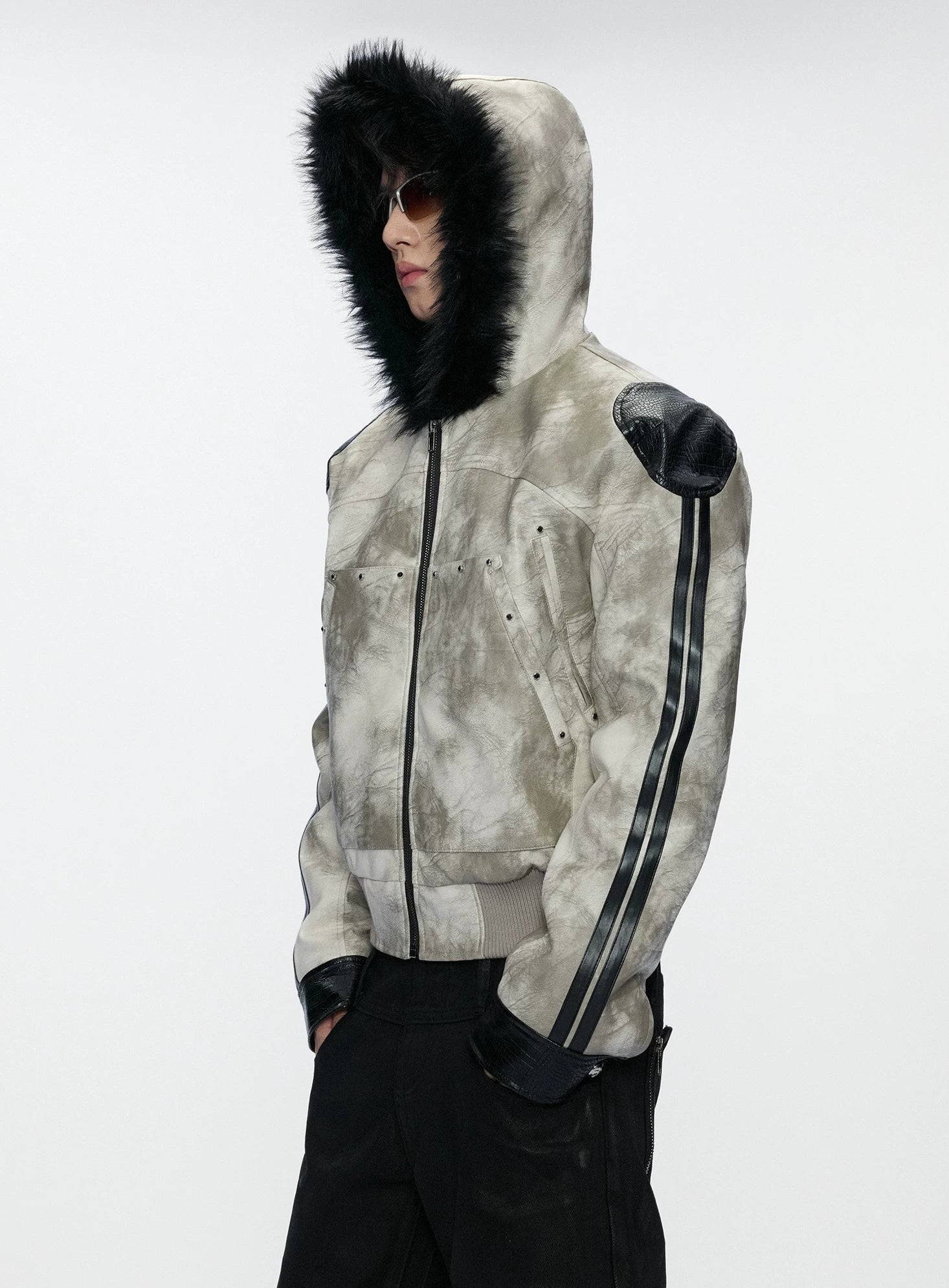 Vintage Snake-Panel Hooded Fur Jacket