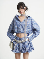 【25s Aug.】Plaid Cropped Shirt & Puff High-Waisted Skirt Set