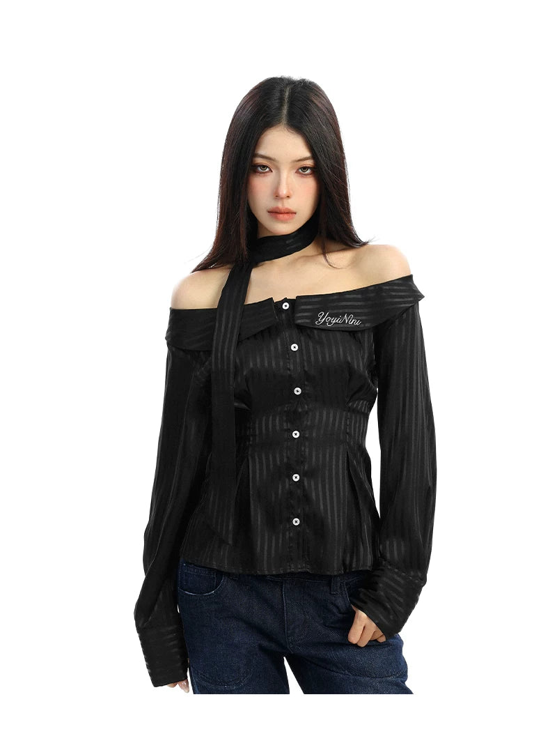 【26s Feb.】Korean Striped Off-Shoulder Waist-Fit Long-Sleeve Shirt