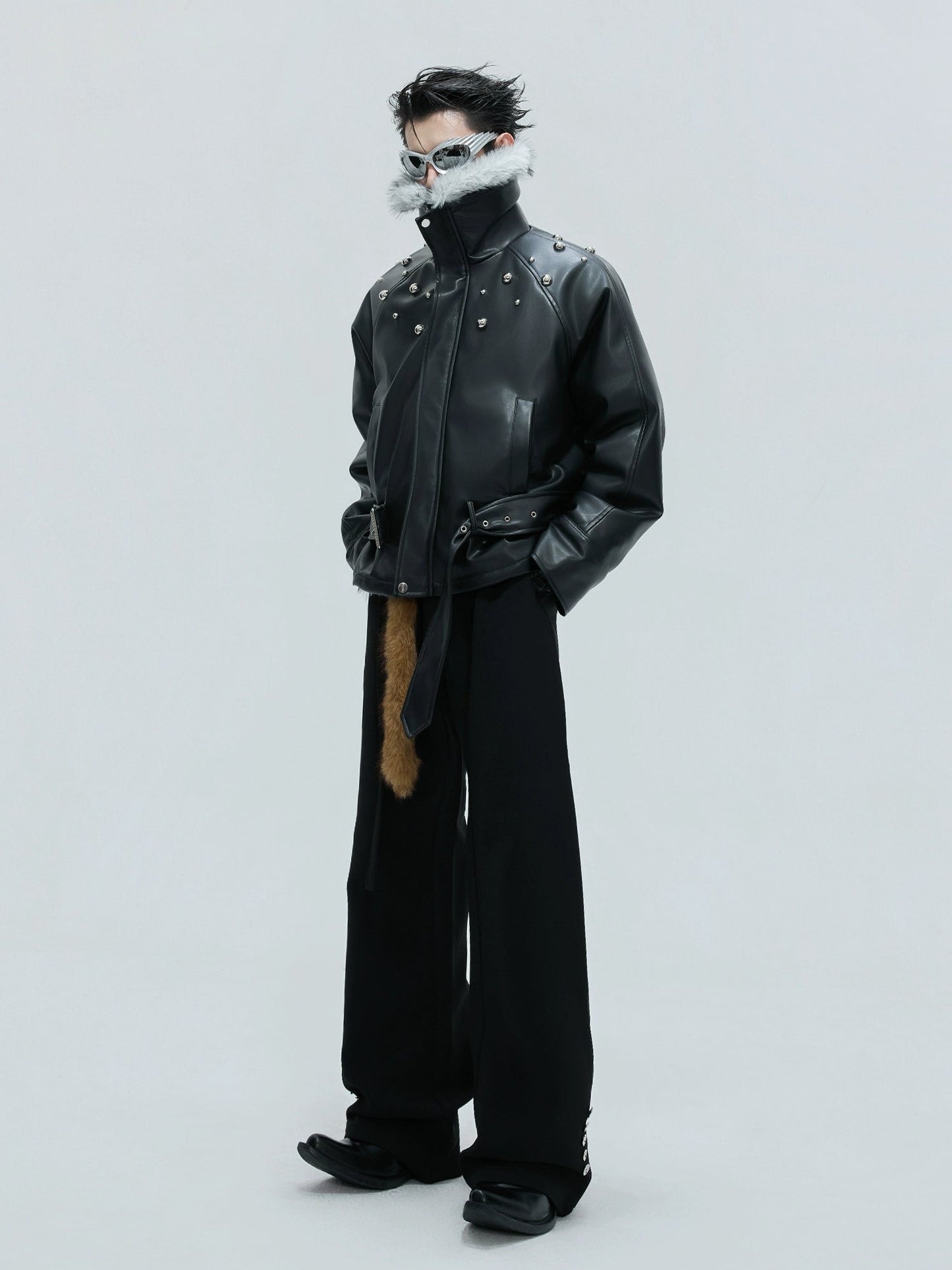 【25s Nov.】Riveted Faux Wolf Fur Collar Thickened Cotton Coat