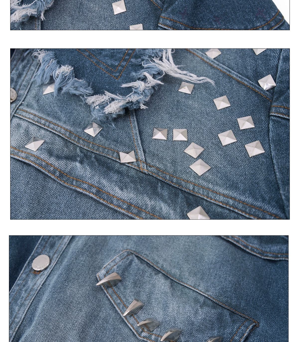【25s Oct.】Distressed Raw-edge Metal Rivets Denim Jacket
