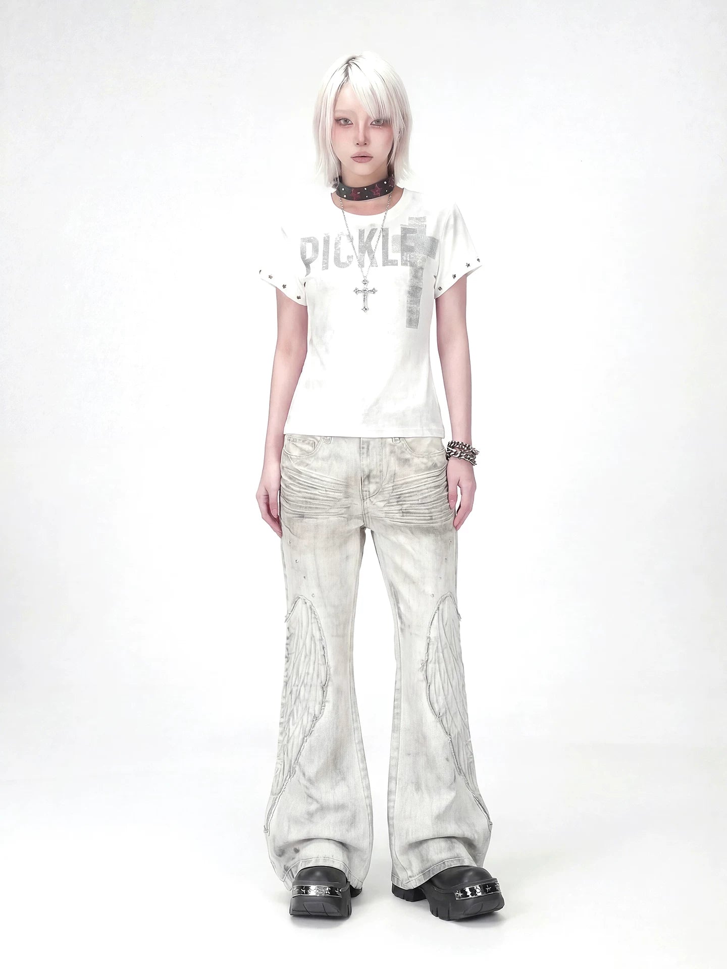 【26s Apr.】Distressed Wing Patch Flared Pants