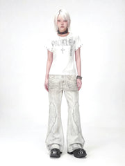【26s Apr.】Distressed Wing Patch Flared Pants