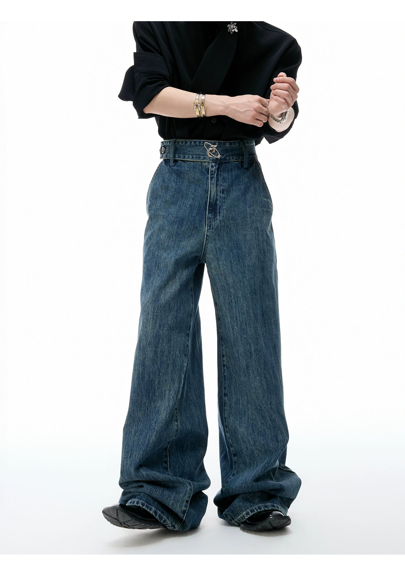 【25s Aug.】Washed Distressed Draped Ribbon Loose-Fit Jeans