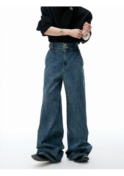 【25s Aug.】Washed Distressed Draped Ribbon Loose-Fit Jeans
