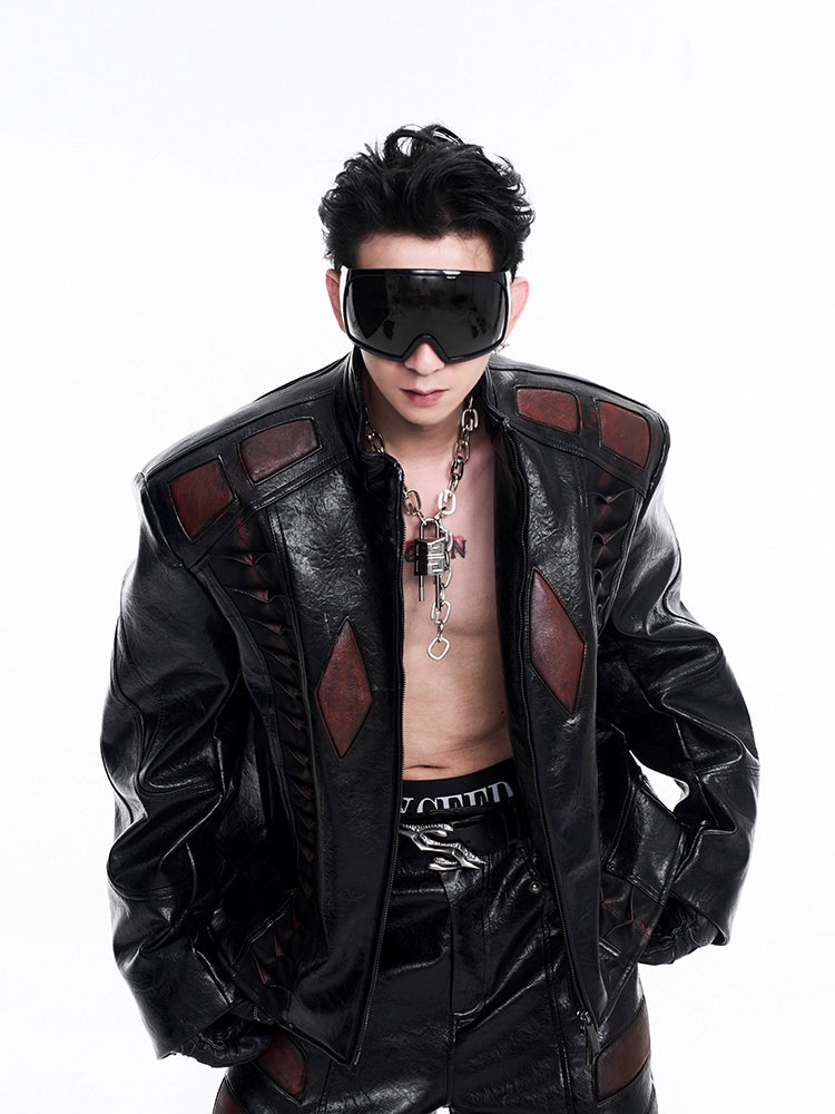 【25s Jun.】Red Spine Patchwork Thick Padded Leather Biker Jacket
