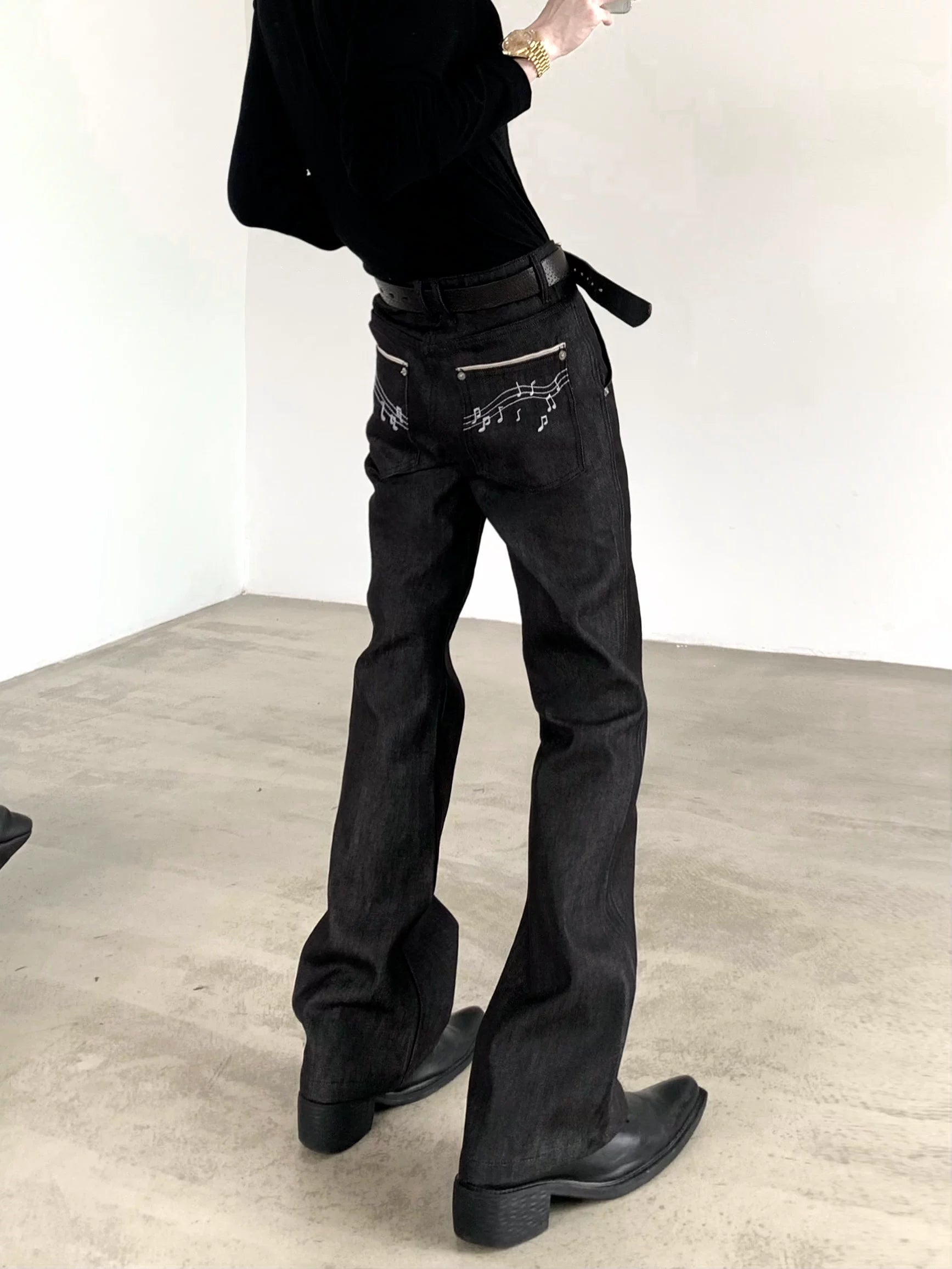 Music Note Raw Denim Flared Jeans