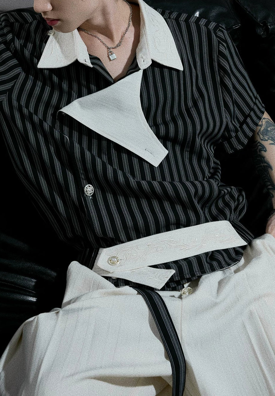 Embroidered Asymmetric Stripe Shirt Tee