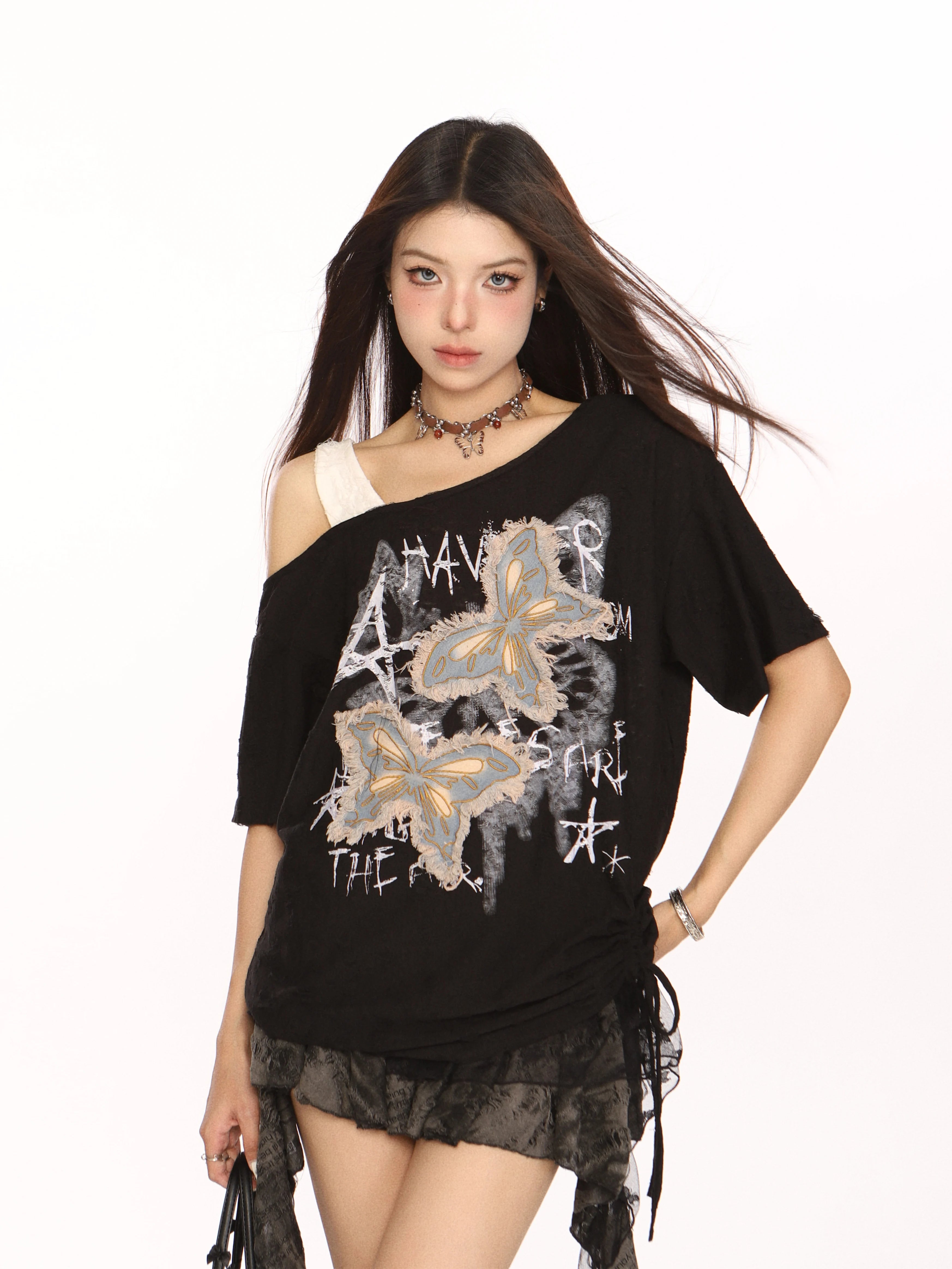 【26s May】Distressed Butterfly Patch Off-Shoulder Tee
