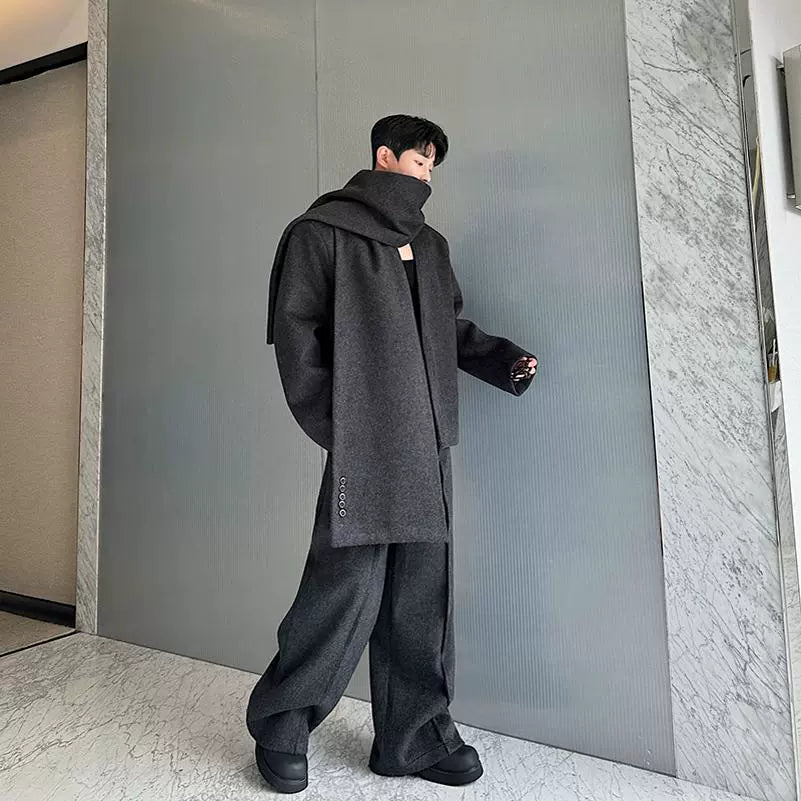 【24s Dec.】Heavy Woolen Collarless Suit, Scarf and Straight Pants Three-piece Suit ArtsKoreanMan