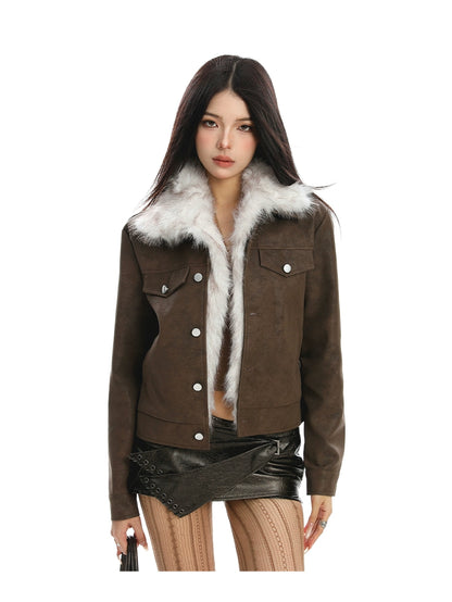 【25s Nov.】Fur Collar Slim-fit Leather Jacket