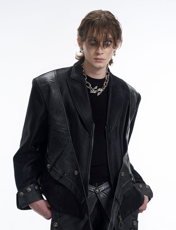 【25s Mar.】Fake Two-piece Rivet Structured Leather Jacket/Pants