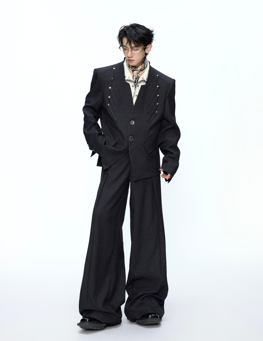 Oversized collarless layered black suit jacket