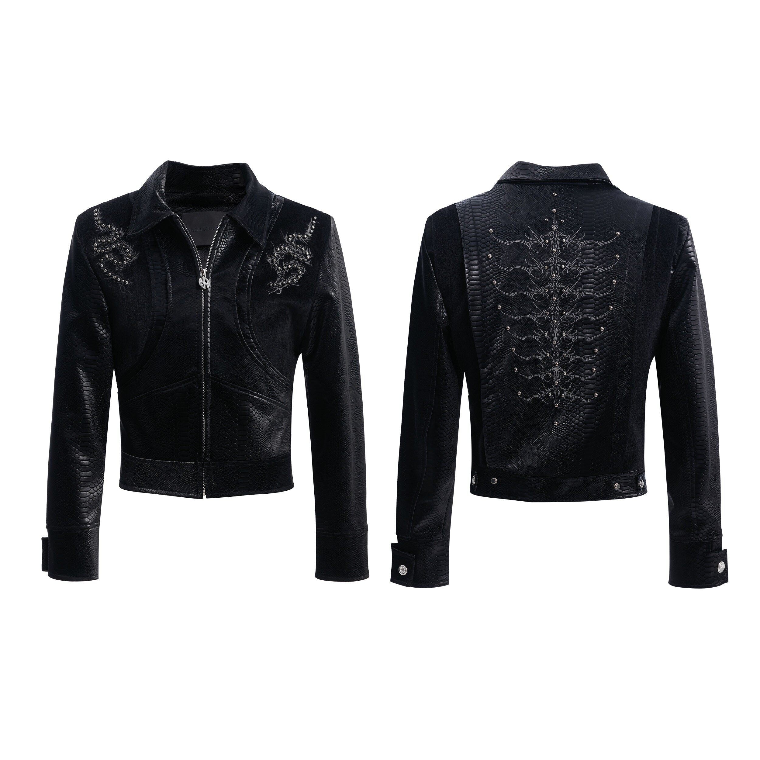 【25s Feb.】Snake Bone Pattern Rivet Embroidery PU Leather Jacket