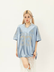 【24s July.】V-neck Vintage Satin Blue Football Jersey ArtsKoreanMan
