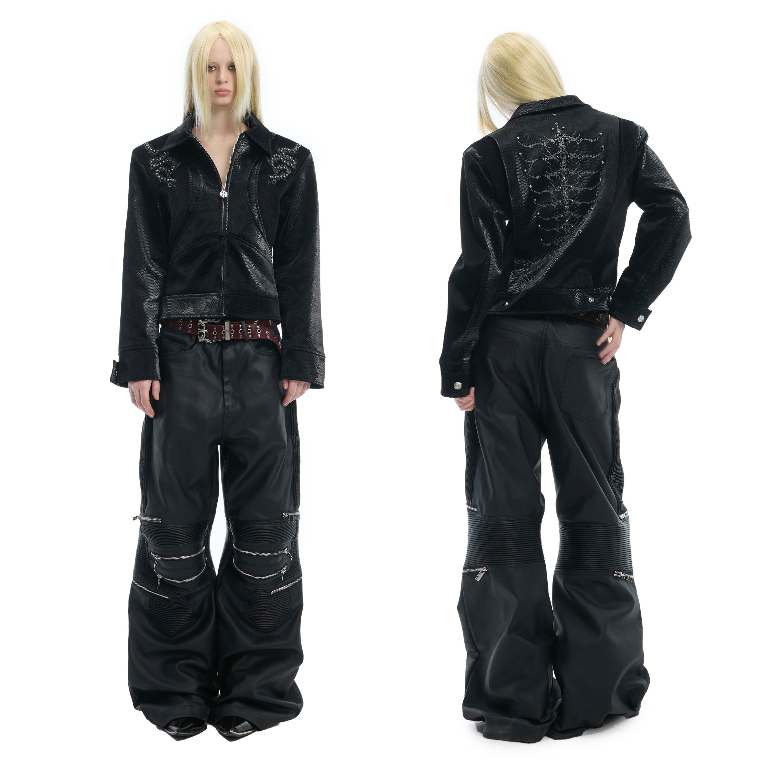【25s Feb.】Snake Bone Pattern Rivet Embroidery PU Leather Jacket