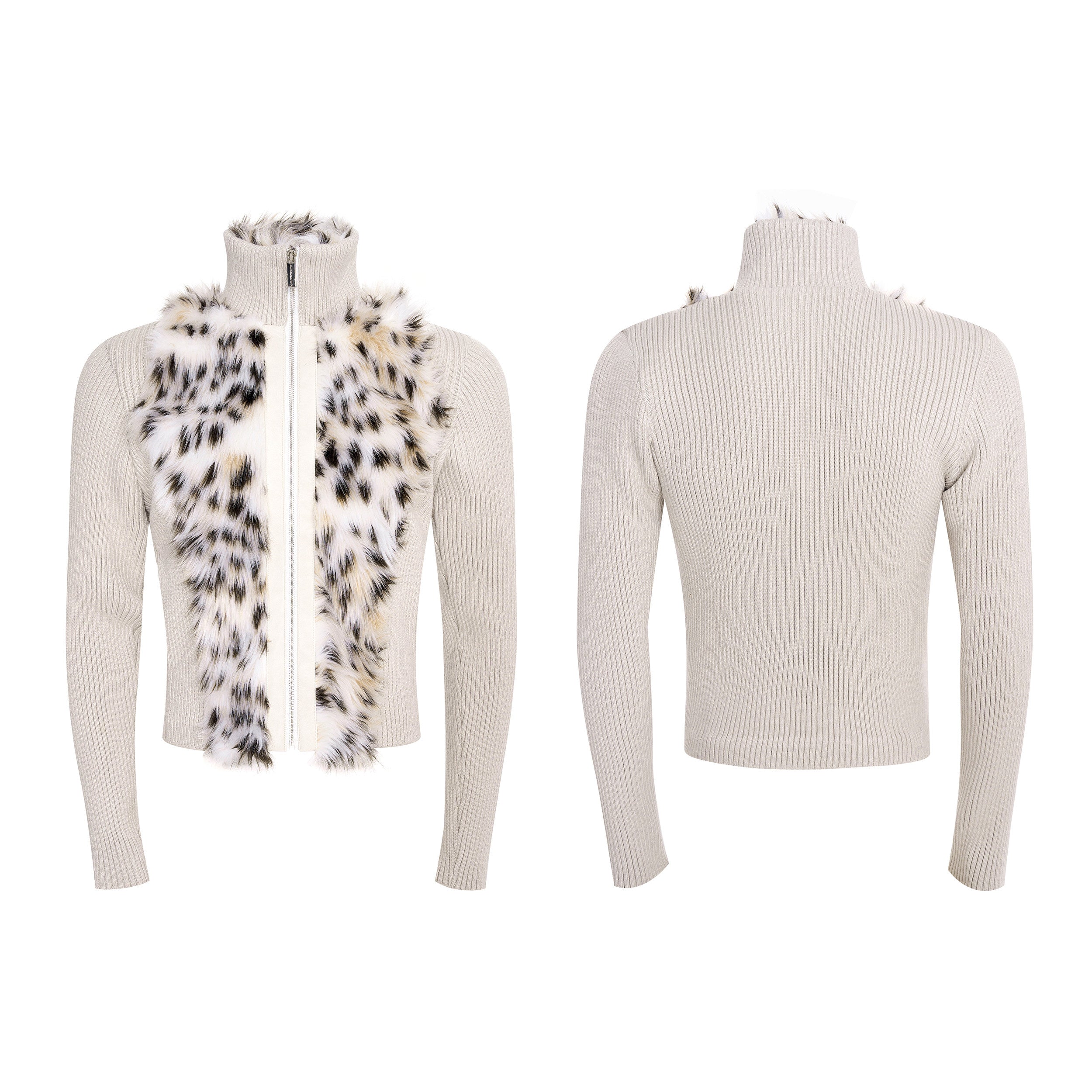 【26s Jan.】Fur-trimmed Quilted Stand-collar Knit Sweater