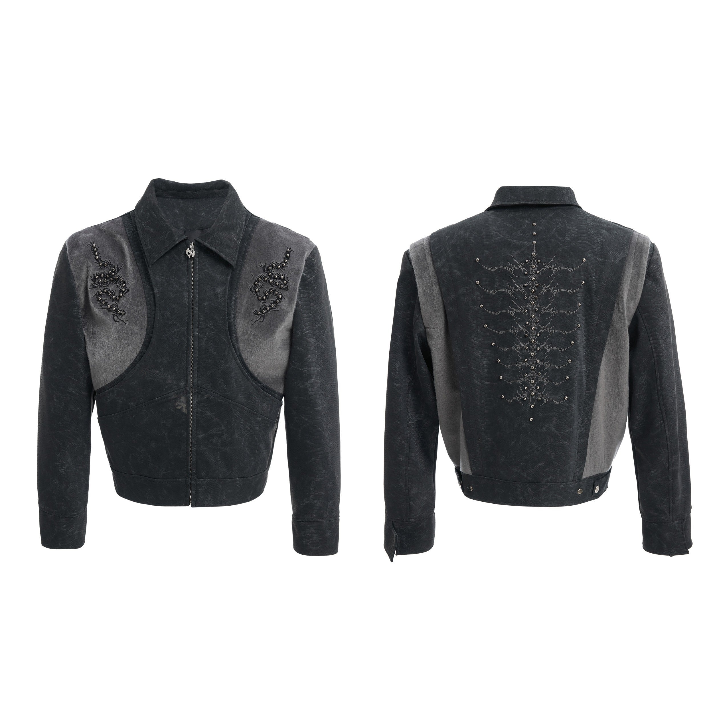 【25s Feb.】Snake Bone Pattern Rivet Embroidery PU Leather Jacket