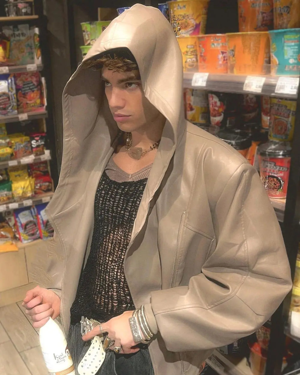 【23s September.】Niche Design Zip Hooded Leather Jacket ArtsKoreanMan