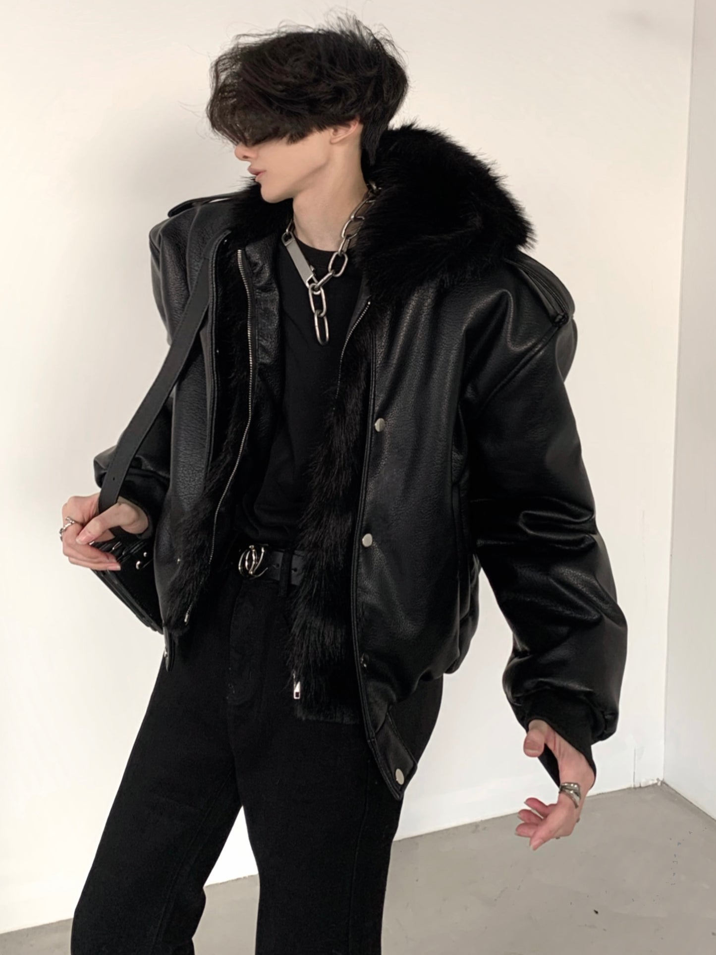 【23s December.】Fur Collar Fake Two Piece Hooded Leather Jacket
