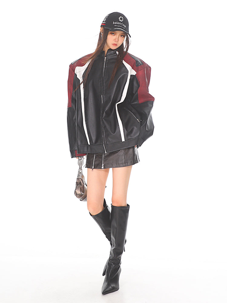 【24s Sep.】Black and Red Contrast Leather Motorcycle Jacket