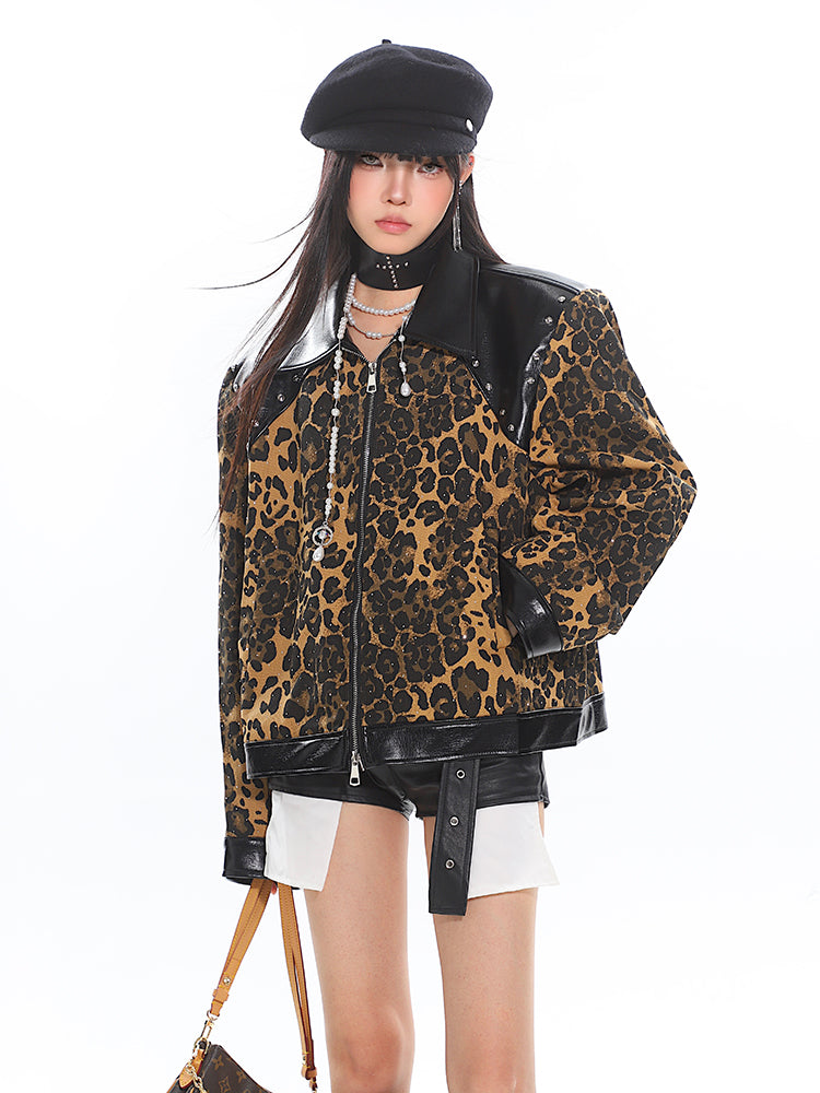 【24s Nov.】Leopard Print Motorcycle Jacket with Leather Lapel ArtsKoreanMan