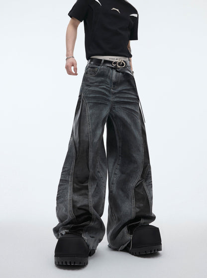 【24s April.】Distressed PU Leather Patchwork Jeans