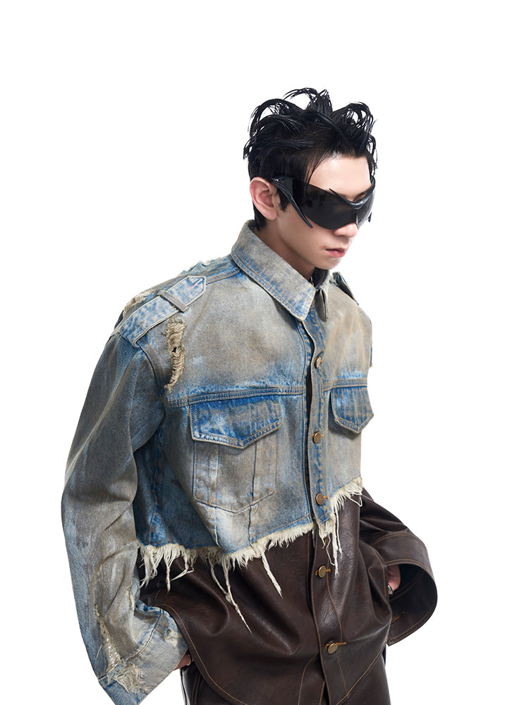 【24s Oct.】Vintage Distressed Patchwork Leather Denim Jacket