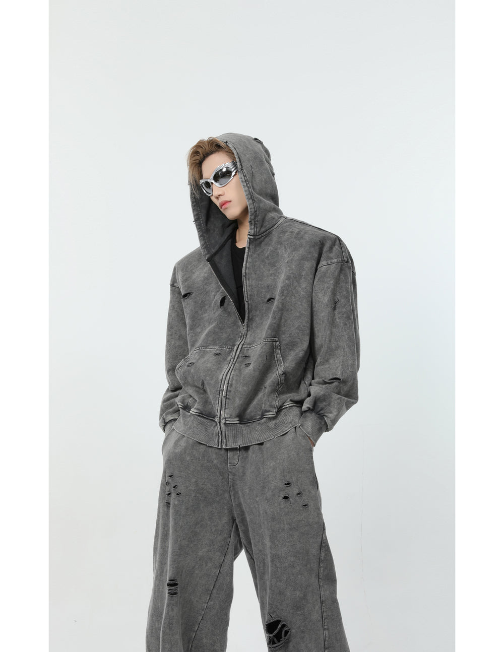 【24s March.】Destroyed Washed Distressed Hooded Cardigan Baggy Pants Suit ArtsKoreanMan