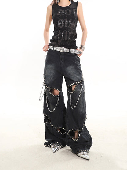 【24s February.】Metal Rivet Chain Cutout Jeans