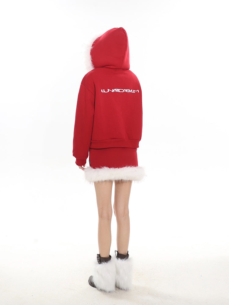 【23s December.】Christmas Fur Collar Hooded Sweatshirt+Skirt Suit